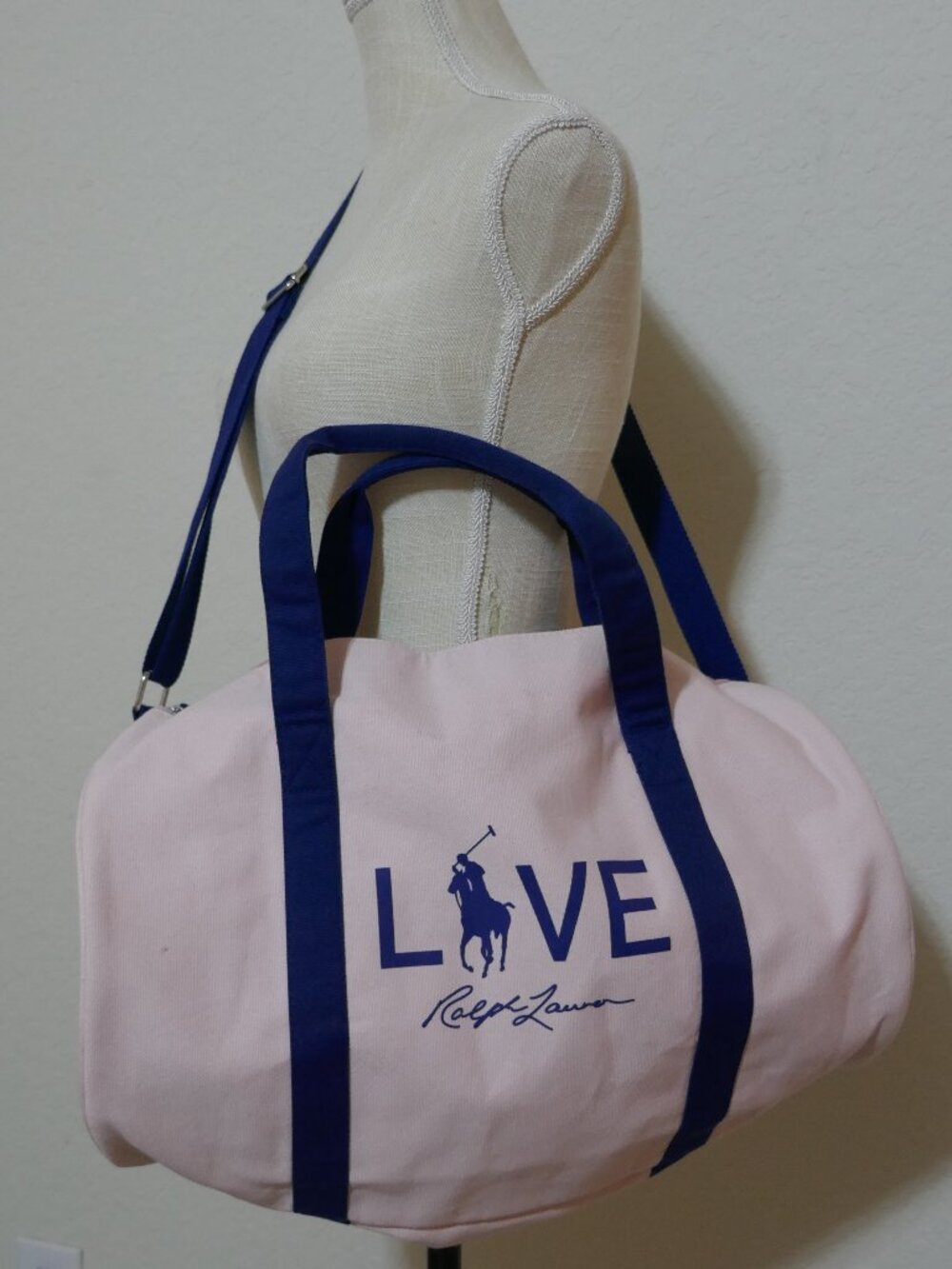 Ralph Lauren Love Duffle Overnight Travel Bag Pink with Blue Straps and Graphics